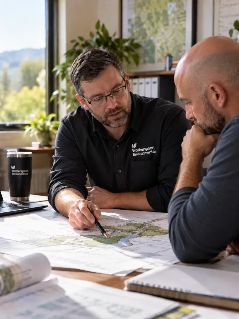 Two people reviewing plans at a table in a bright office, one pointing at a document with a pen.