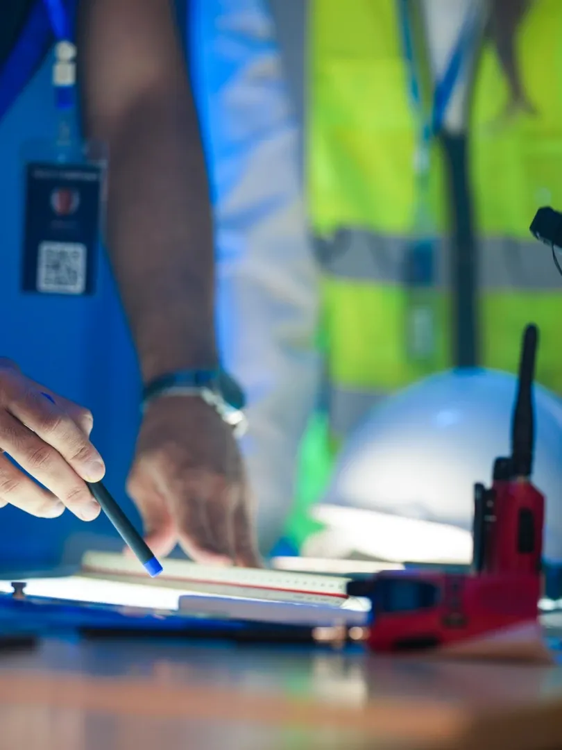 Workers in safety vests reviewing documents with a pen and clipboard at a construction site