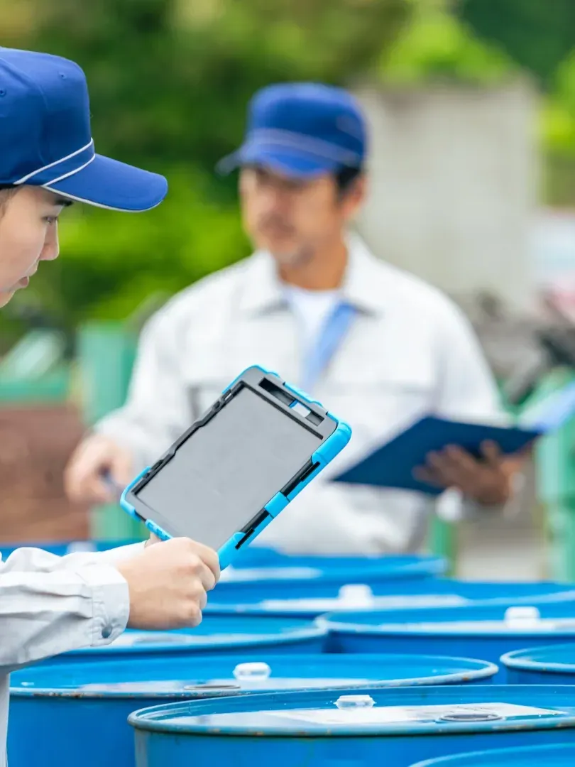 Worker inspecting blue barrels with a tablet at an outdoor industrial site