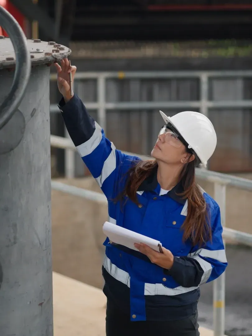 Construction worker in hard hat and blue vest inspecting equipment while holding a clipboard