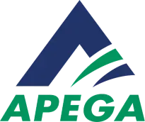 APEGA logo with blue triangular mark and green and blue accents
