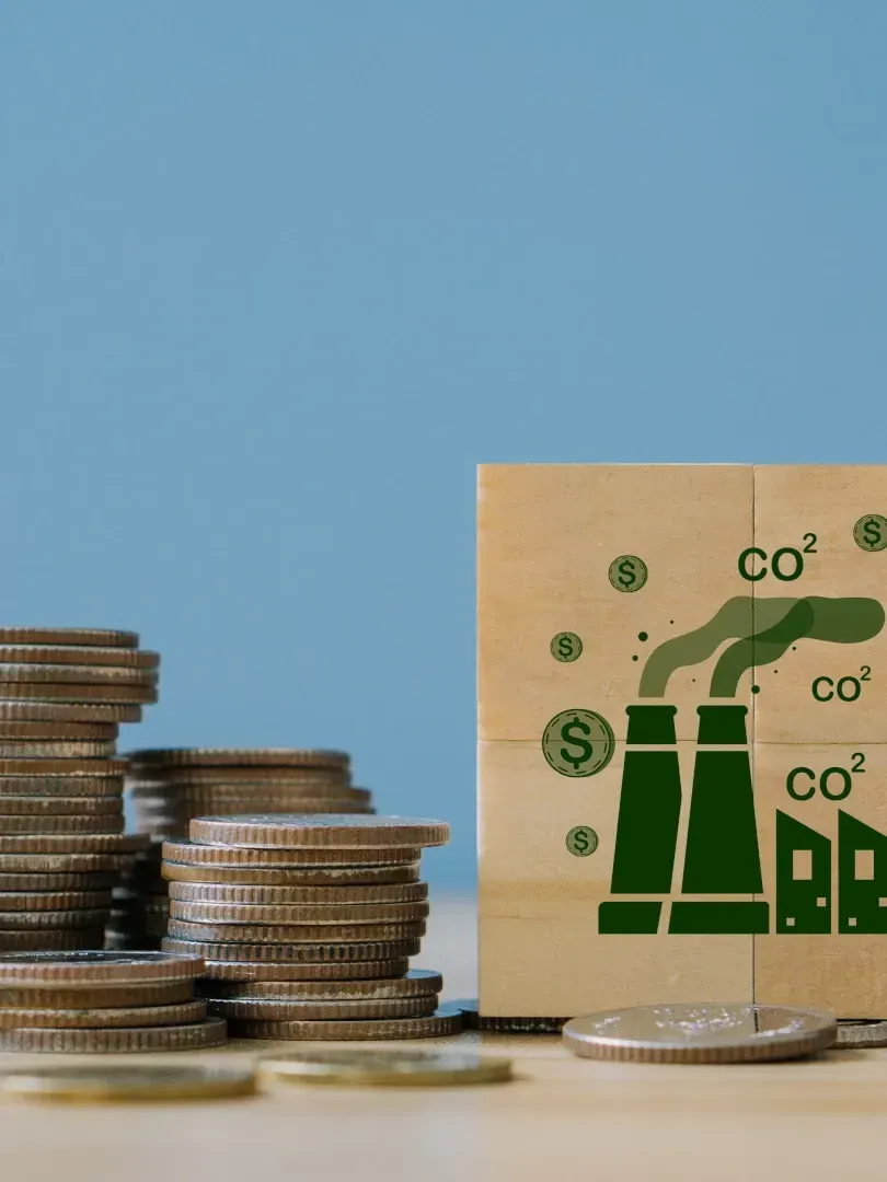 Stacks of coins beside a card with a factory and CO2 cloud, symbolizing carbon emissions costs