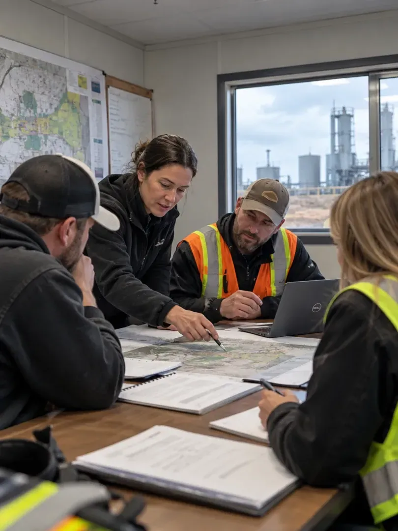 Four workers in safety vests review blueprints around a table in a bright office.