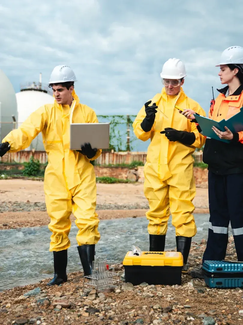 Three workers in yellow safety suits and hard hats inspecting equipment at an outdoor worksite.