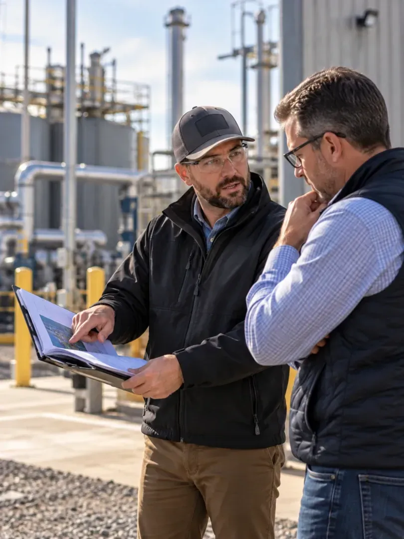 Two workers reviewing documents at an industrial site, with refinery equipment in the background