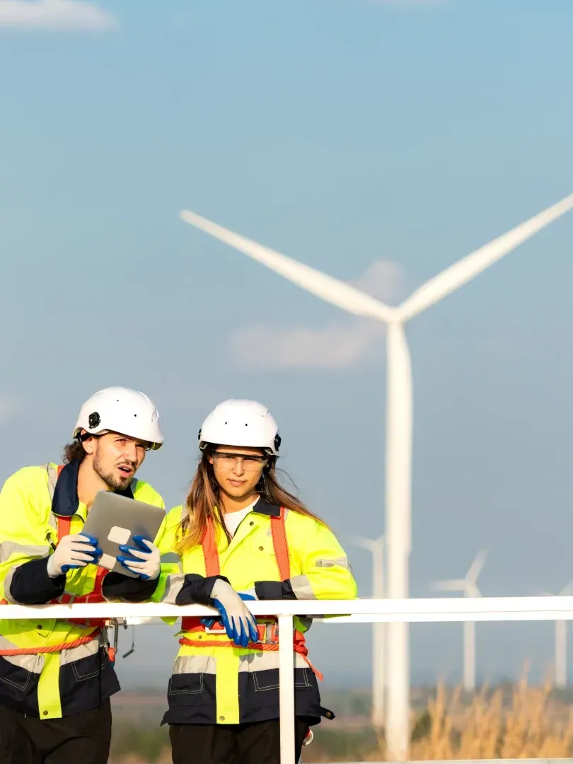 Two workers in hard hats and safety vests reviewing plans near a wind turbine field