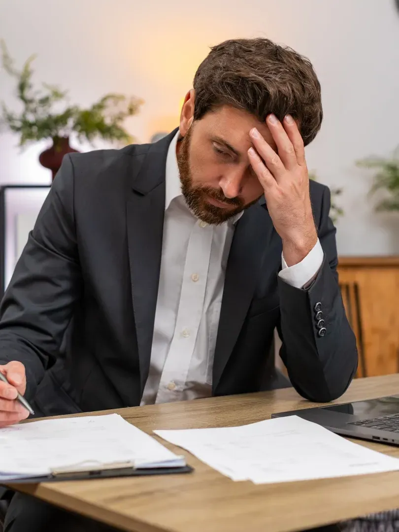 Stressed office worker at desk, holding his head while writing on paperwork with a laptop nearby