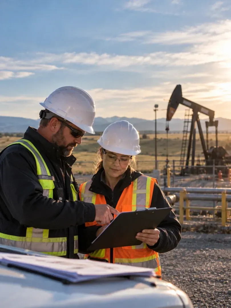 Two workers in safety vests review a clipboard at an oil site with a pumpjack at sunset