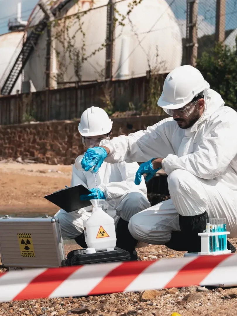 Workers in white protective suits and hard hats collect hazardous material at a fenced industrial site.