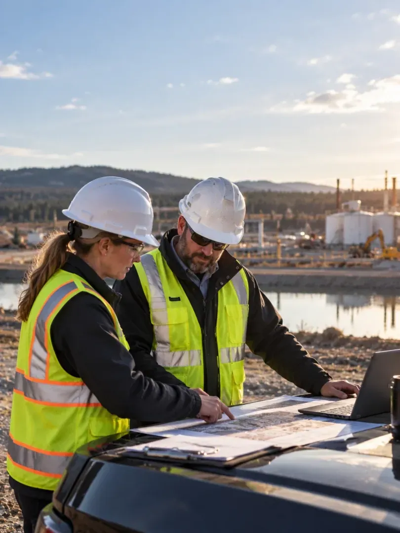 Two workers in hard hats and safety vests reviewing blueprints on a vehicle at a construction site