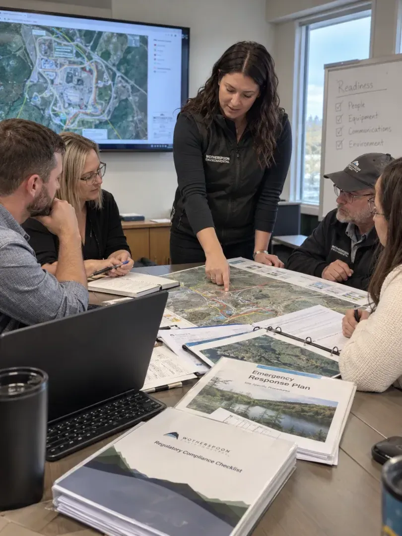 Team reviewing printed maps and plans around a table in a meeting room; one person points to a map.