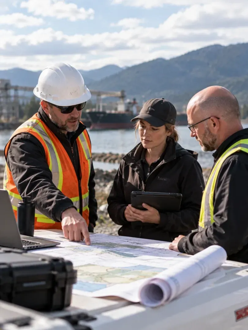 Three construction workers reviewing plans at a worksite, with mountains in the background.