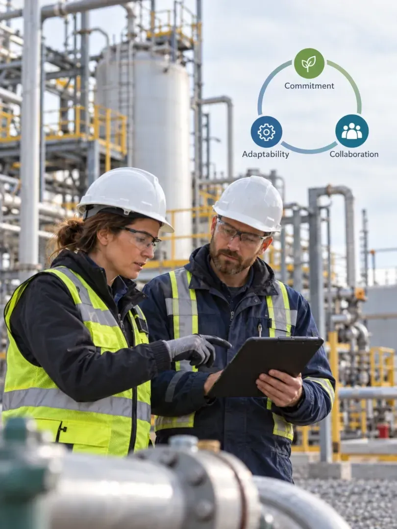 Two engineers in hard hats reviewing a tablet at an industrial plant, with safety icons above them