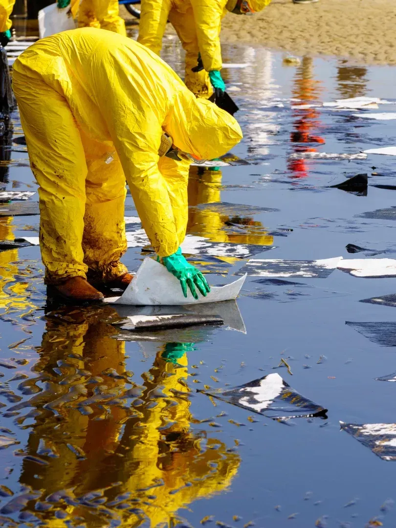 Worker in yellow protective gear cleaning oil from water with a scraper and green gloves.