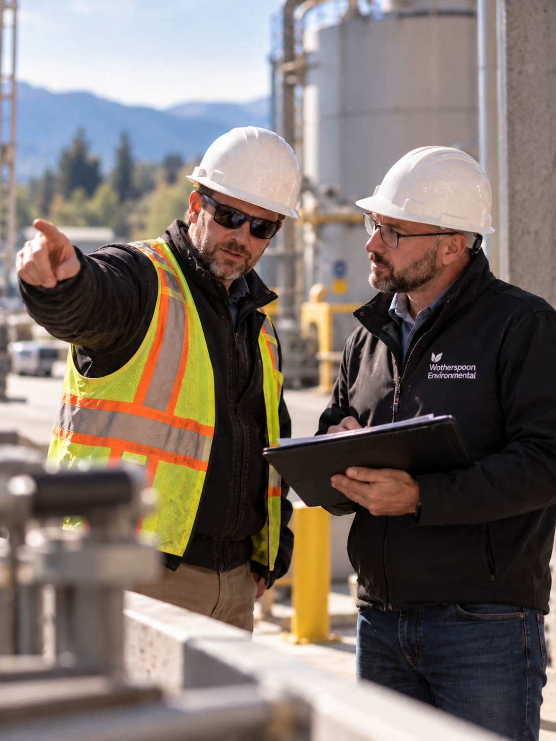 Two workers in safety gear reviewing plans at an industrial site, one pointing ahead