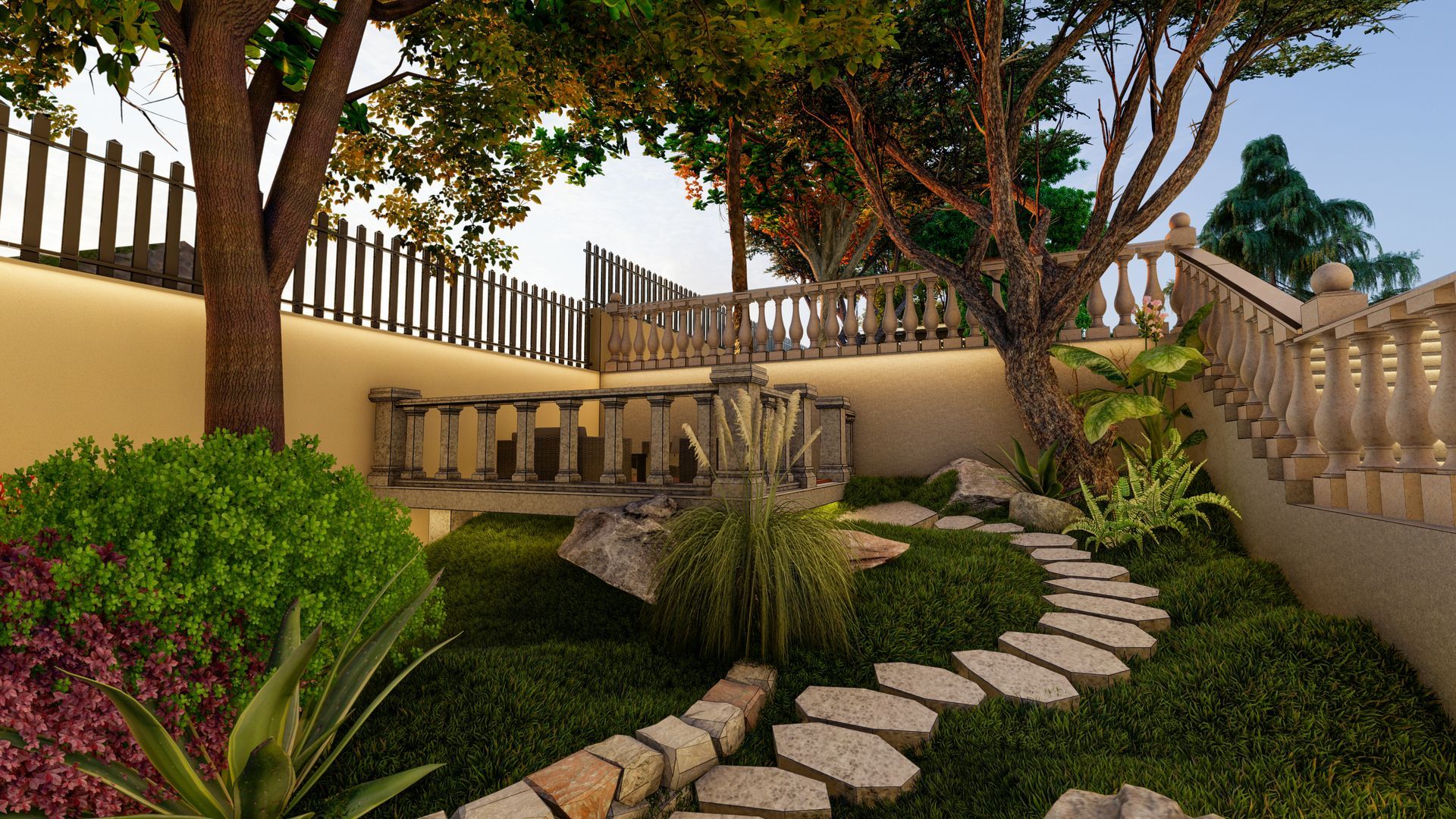 Stone path winds through a lush garden with trees, foliage, and a decorative balustrade.