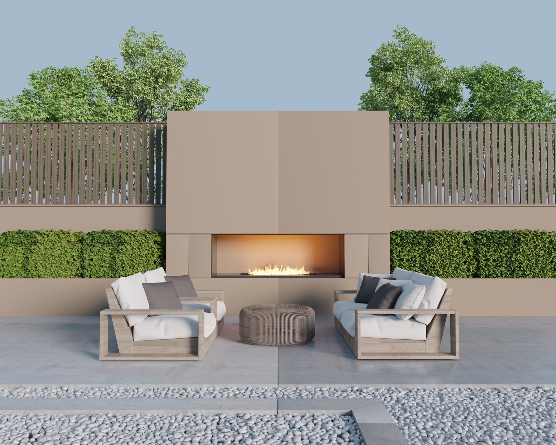 A fireplace with two chairs in front of it
