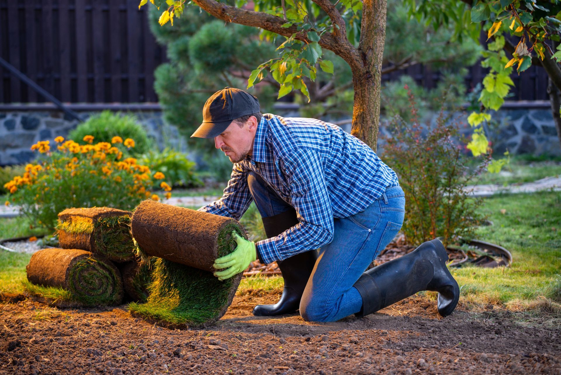 A man is kneeling down in a garden holding rolls of turf.