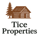 Brown cabin and pine tree logo above the words &ldquo;Tice Properties&rdquo;