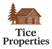 Brown cabin and pine tree logo above the words &ldquo;Tice Properties&rdquo;