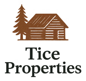 Brown cabin and pine tree logo above the words “Tice Properties”