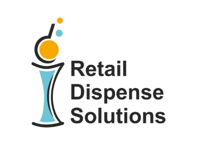 Logo for Retail Dispense Solutions: stylized liquid dispensing with blue and orange bubbles, text to the right.