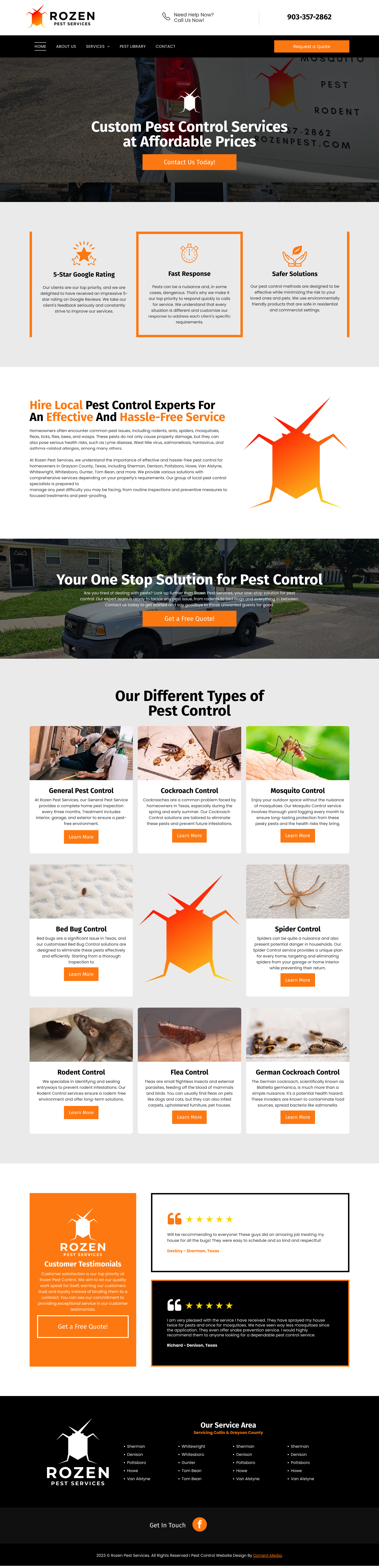 a landing page for rozen pest control shows different types of pest control