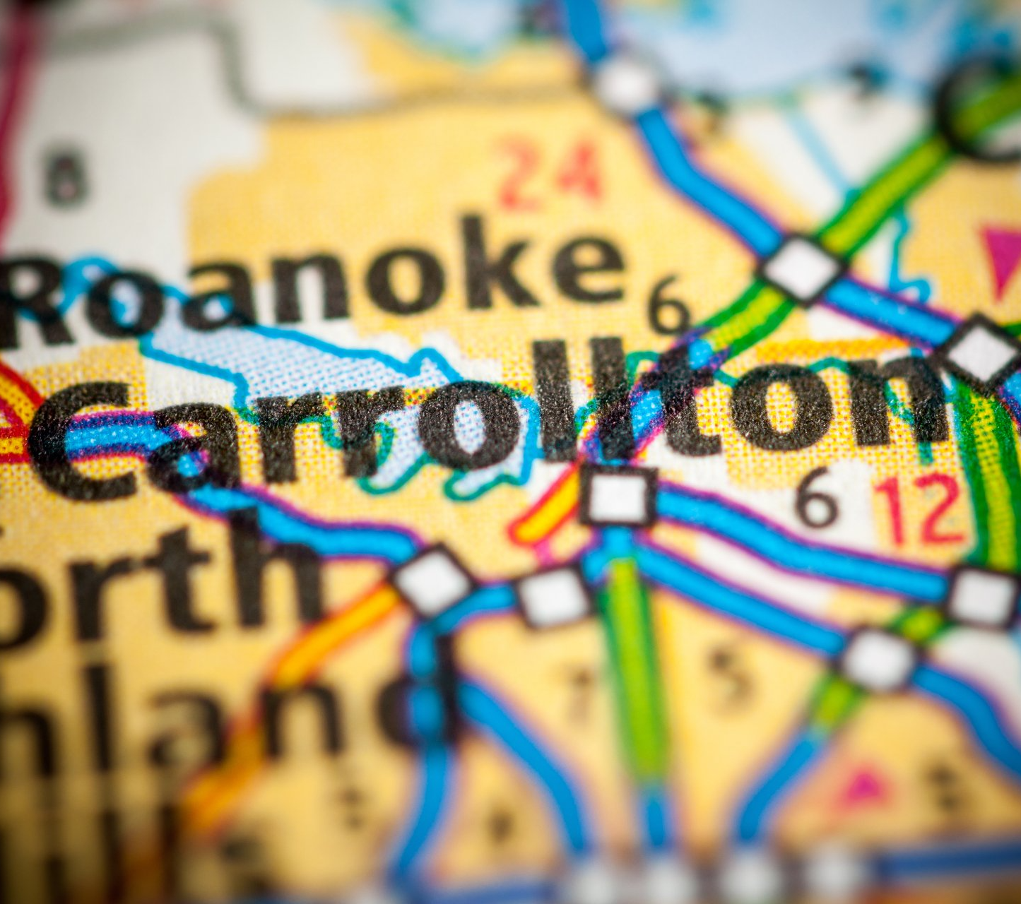 A close up of a map showing the location of roanoke and carrollton.