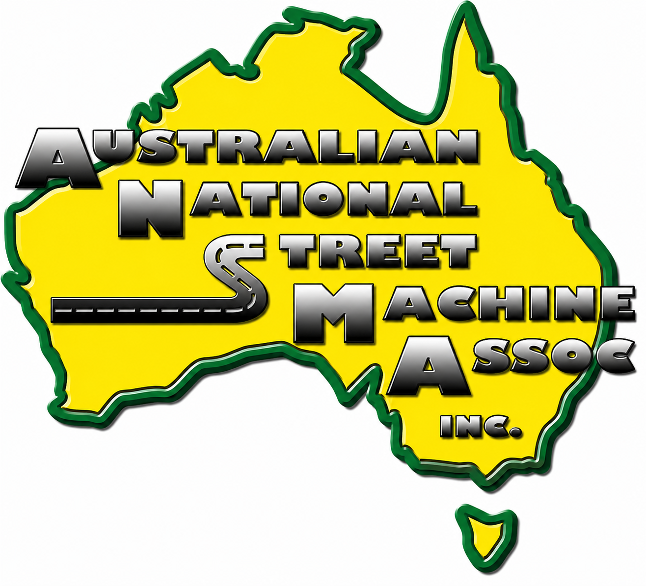 Logo of Australian National Street Machine Association, with green-yellow map of Australia and metallic text.
