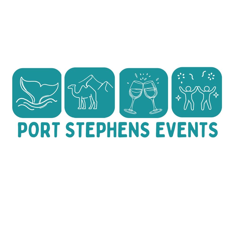 Teal Port Stephens Events logo with whale tail, camel, wine glasses, and horses on white background