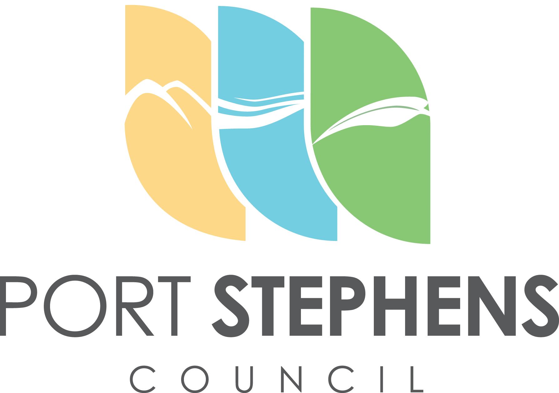 Port Stephens Council logo with three colorful curved leaf shapes above the name