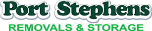 Port Stephens Removals & Storage logo in green and dark blue text