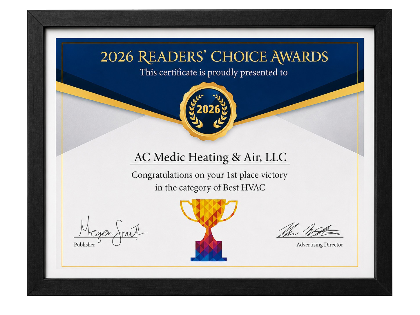 Framed 2026 Readers’ Choice award certificate with gold ribbon and trophy graphic on white background
