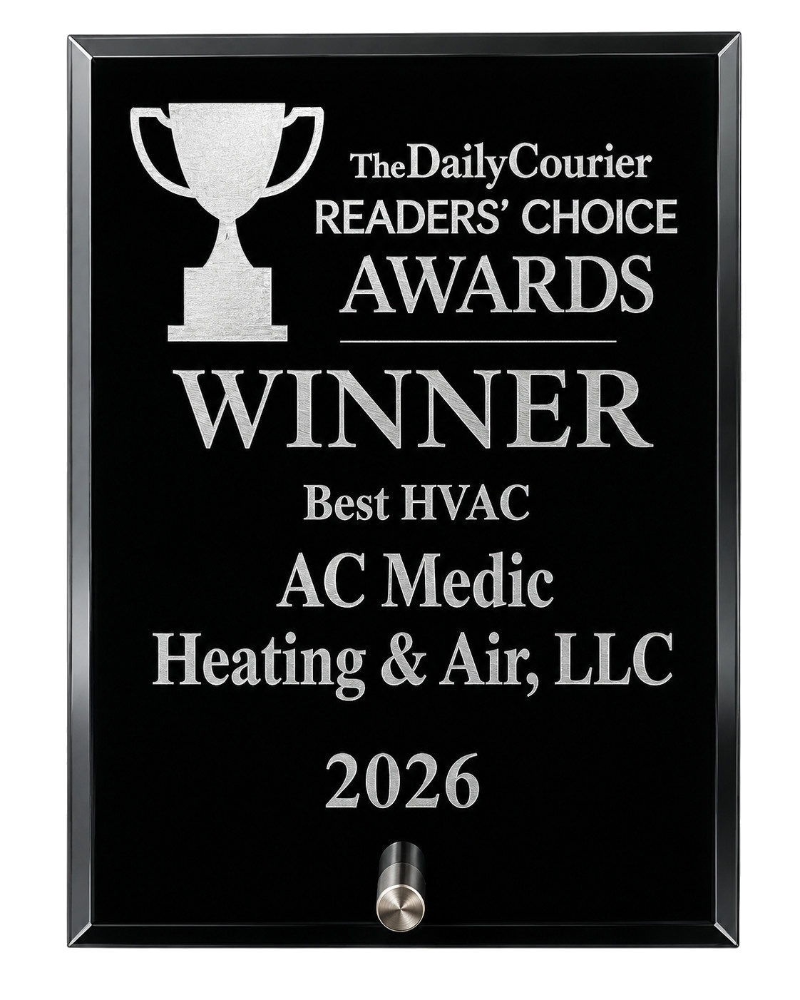 Black plaque award for AC Medic Heating & Air, LLC: 2026 Readers’ Choice Awards winner, Best HVAC.
