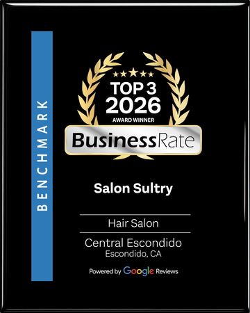 Black award plaque with gold laurel, “Top 3 2026 BusinessRate,” for Salon Sultry in Central Fercadia, CA.