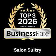 Black award plaque with gold laurel, “Top 3 2026 BusinessRate,” for Salon Sultry in Central Fercadia, CA.