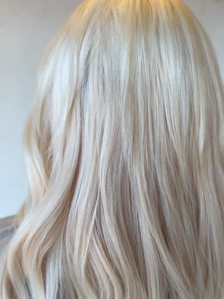 Blonde hair with soft waves, viewed from the back against a plain light background