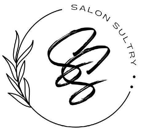 Black-and-white salon logo with a circular laurel wreath and abstract center mark, reading “SALON SULTRY.”