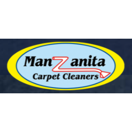 Logo for Manzanita Carpet Cleaners: oval with company name, red and blue graphic of a carpet cleaner.