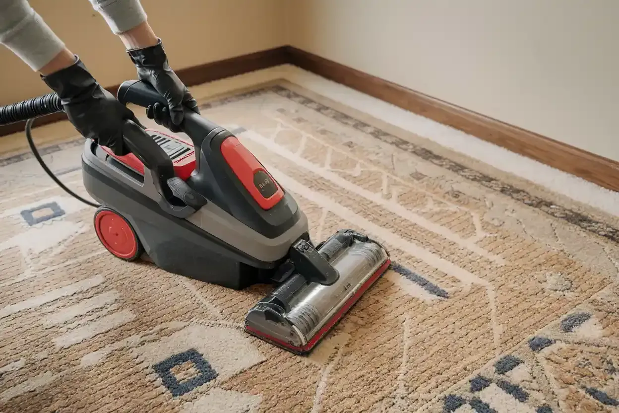 Person vacuuming a patterned carpet with a red and gray vacuum cleaner in a room.