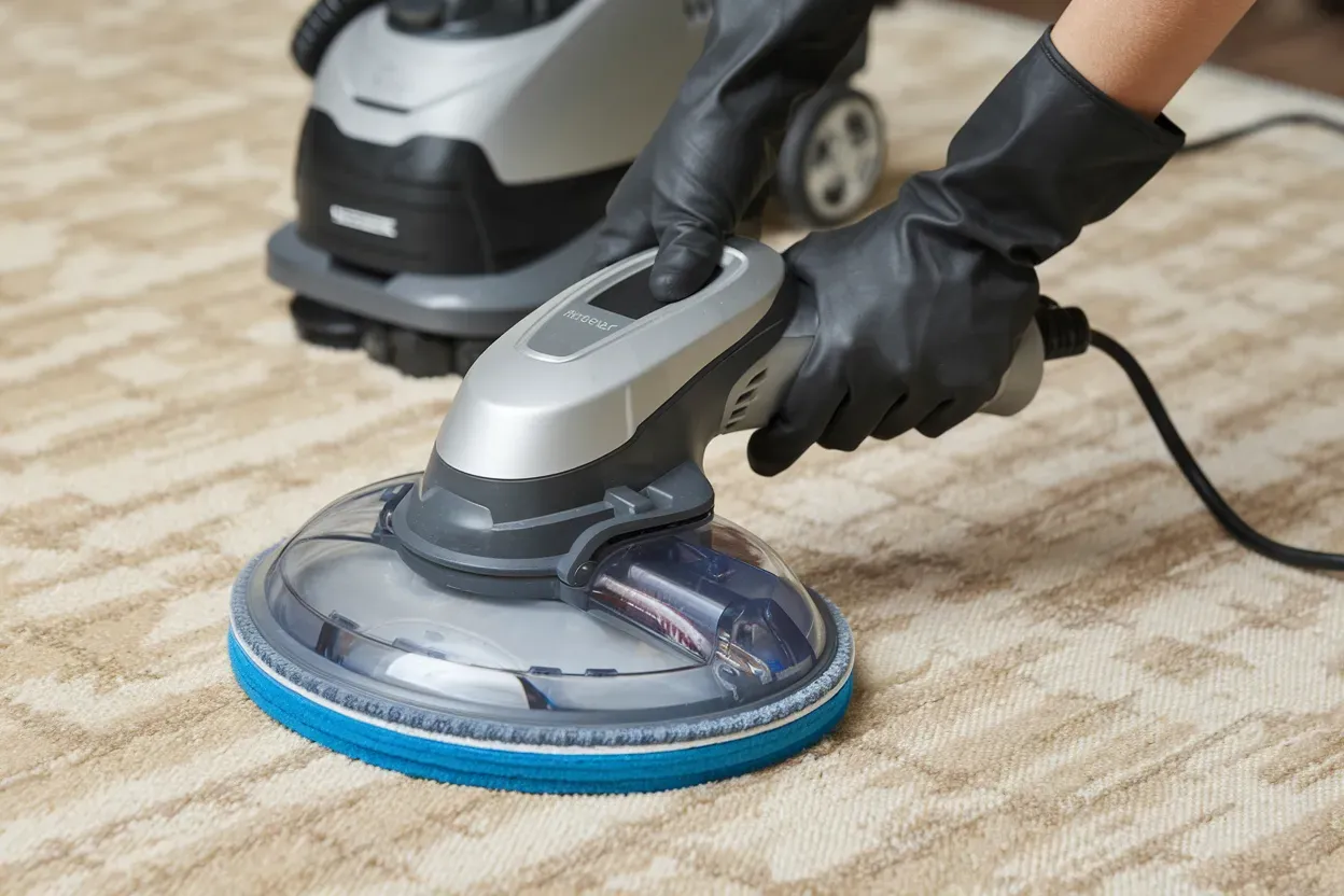 Person in black gloves using a carpet cleaner on a beige patterned rug.