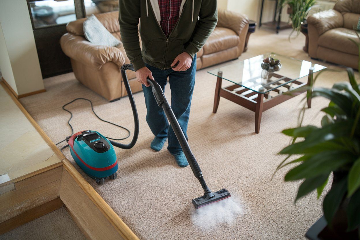 Person vacuums a carpet in a living room; turquoise vacuum, dark jeans, green hoodie.