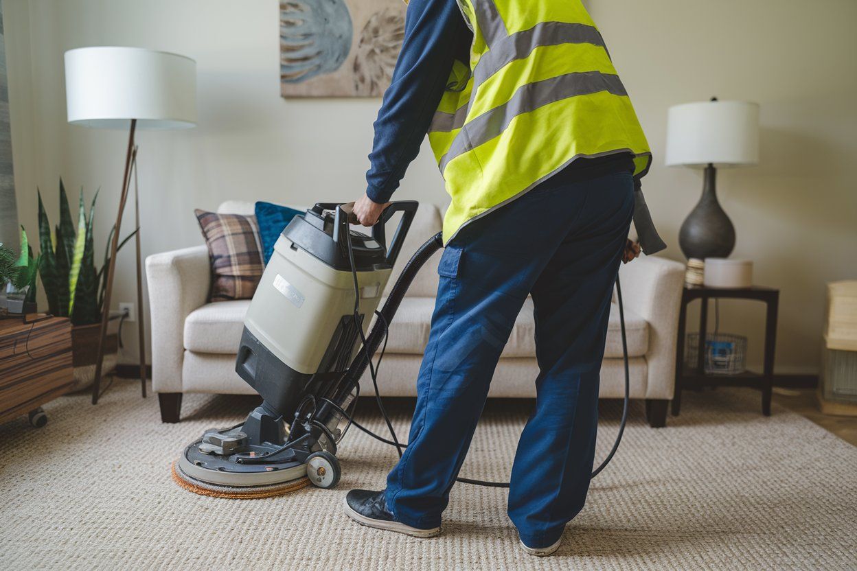 Person in a yellow vest using a carpet cleaning machine in a living room.