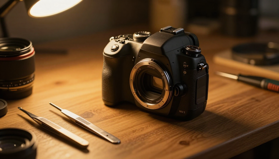 DSLR camera repair on workshop bench