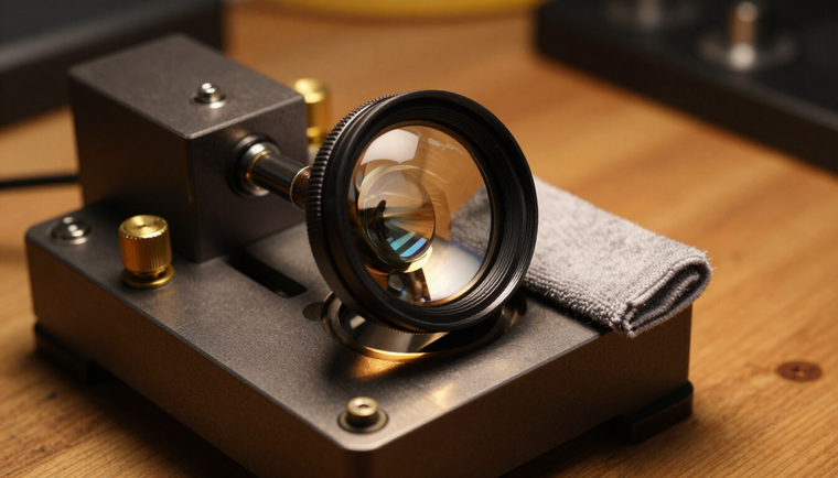 Lens element cleaning and calibration on a precision fixture