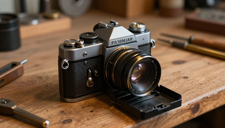 Film camera mechanical overhaul on repair bench