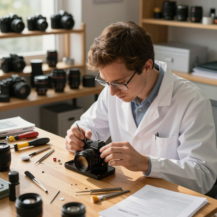 Film camera mechanical overhaul on repair bench