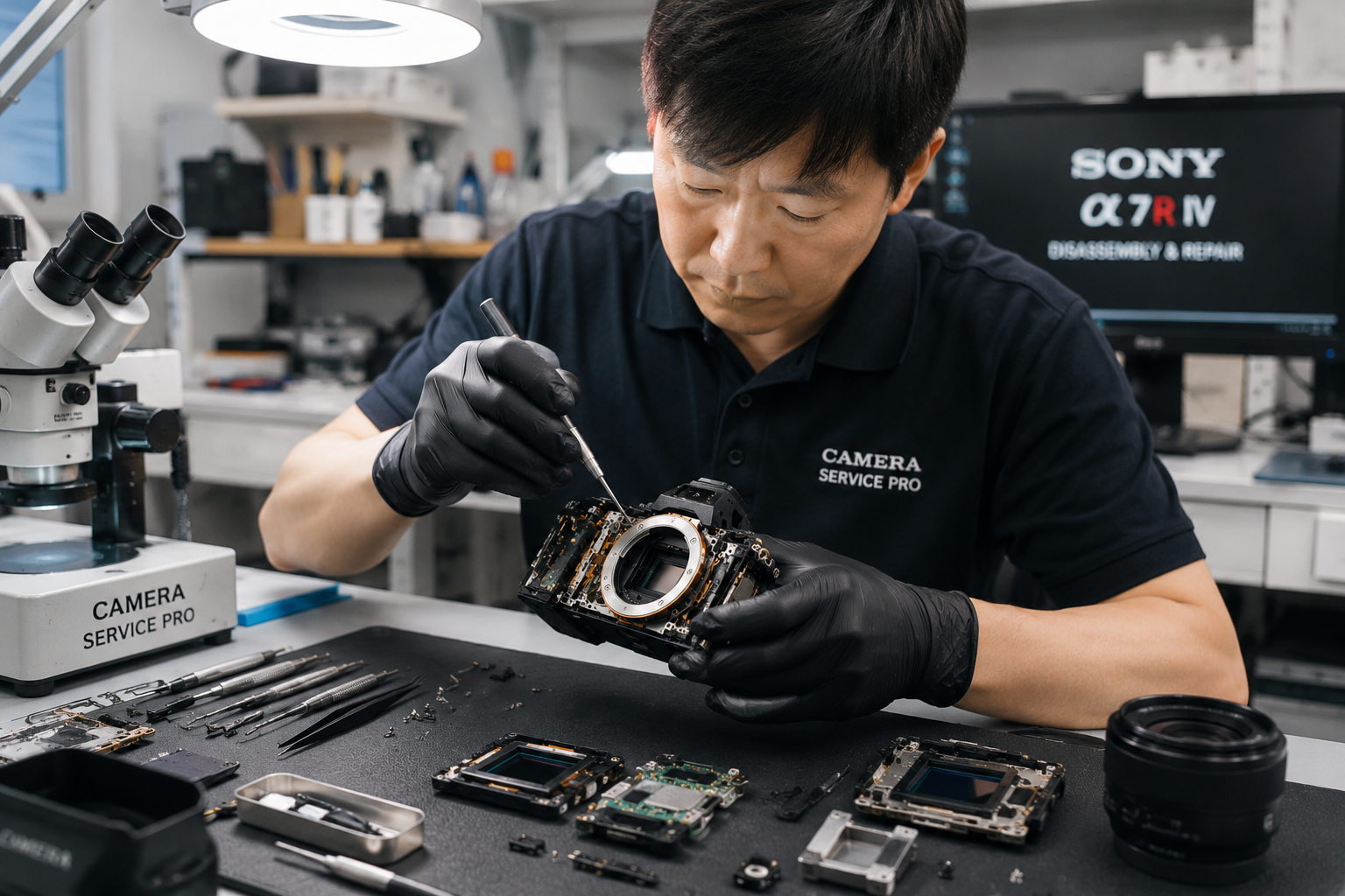 Workshop technician repairing camera