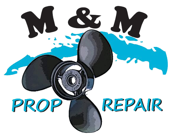 A logo for m & m prop repair with a propeller