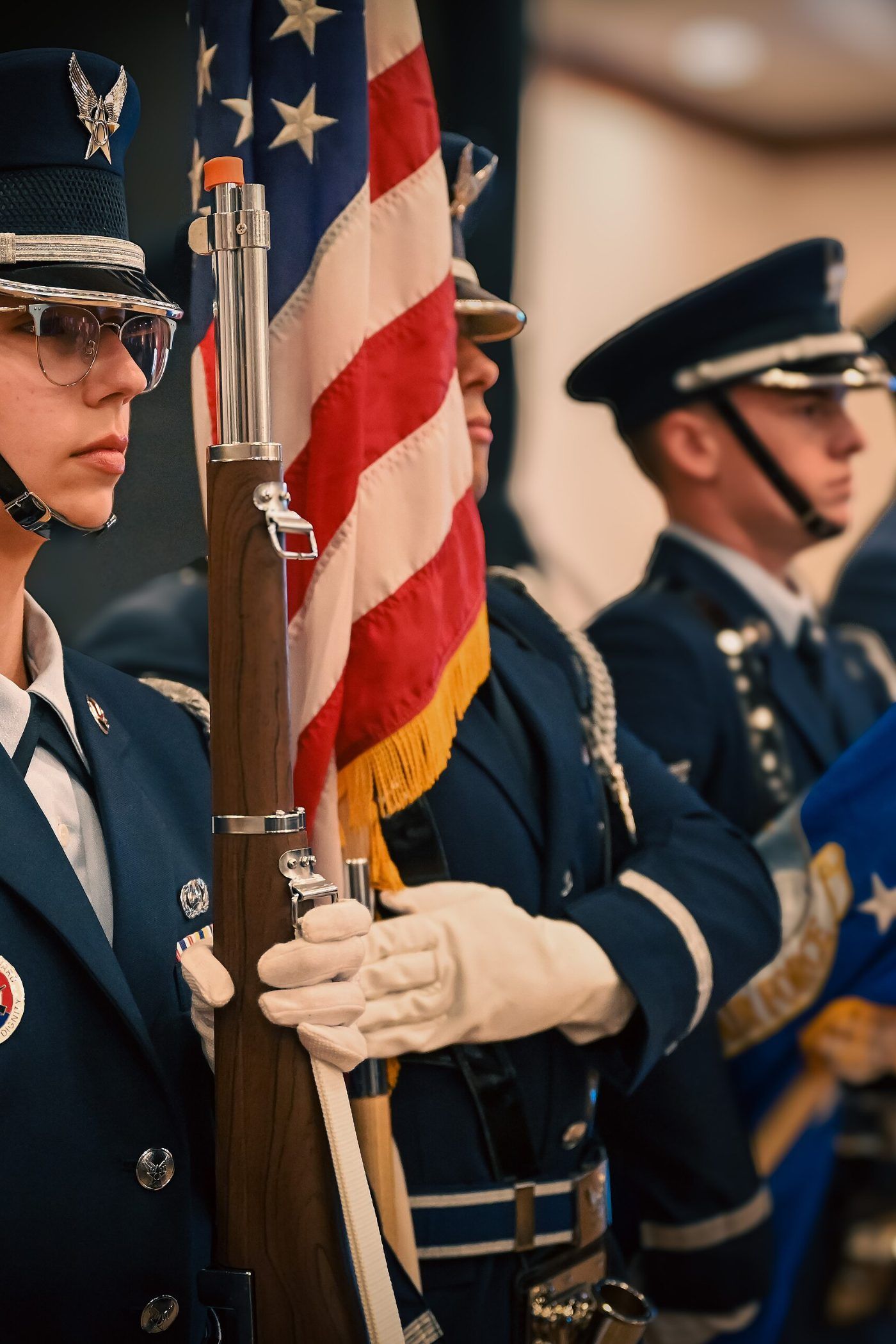 A United States Air Force honor guard in dress uniform